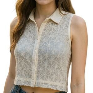 Y2K Charlotte Russe Lace Vest Cream Metallic Silver Threading SZ XL Boho Retro